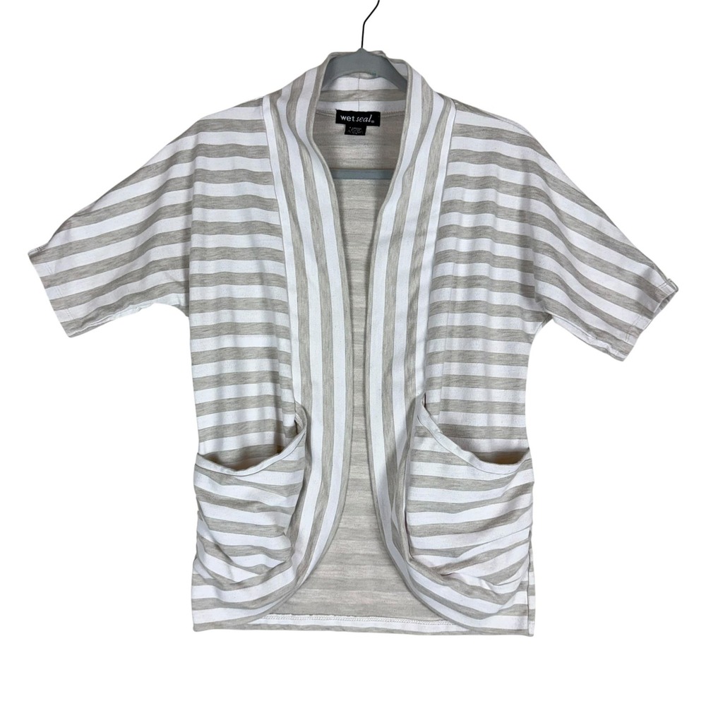 Wet Seal Cardigan Juniors XS White Stripe Short Sleeve Open Front Pockets Y2K